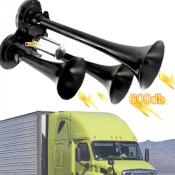 12V 24V 600dB Car Truck 3Trumpet Super Loud Electric Horn with M6 Air Nozzle and Leather HoseBlack
