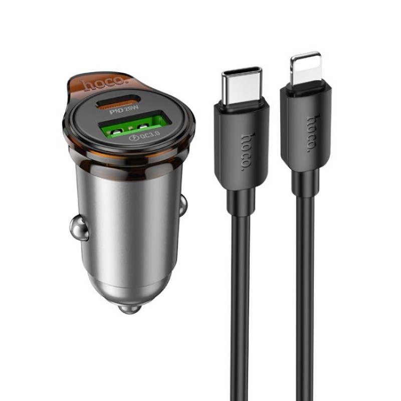 hoco NZ16A Rigorous PD25W and QC3.0 Dual Port Car Charger Set with Type-C to 8 Pin Cable(Grey)