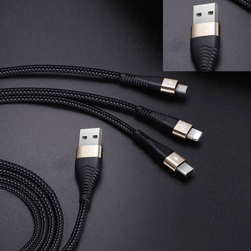 TOTUDESIGN 1.5m 2.4A Braided 3 in 1 Micro USB + 8 Pin + Type-C Fast Charge Data Cable, For iPhone, Galaxy, Huawei, Xiaomi, LG, HTC and Other Smart Phones (Gold) TOTUDESIGN 1.5m 2.4A Braided 3 in 1 Micro USB + 8 Pin + Type-C Fast Charge Data Cable, For iPhone, Galaxy, Huawei, Xiaomi, LG, HTC and Other Smart Phones (Gold)