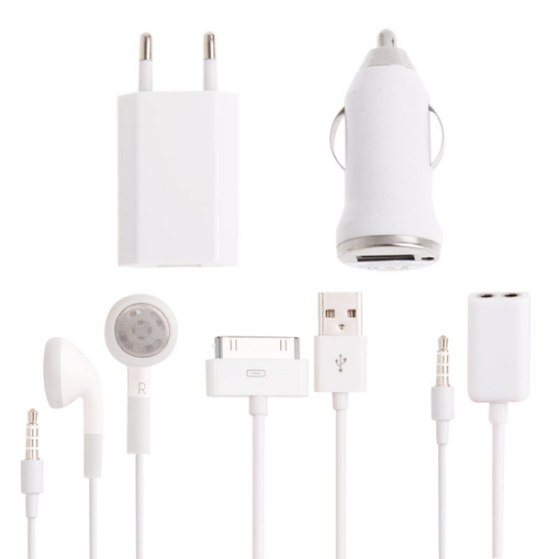 5 in 1 (EU Plug Home Charger + Car Charger + 30 Pin Cable + Audio Splitter + Stereo Headset) Travel Kit, For iPhone 4 & 4S, iPhone 3GS / 3G, iPad 3 / iPad 2 / iPad(White)