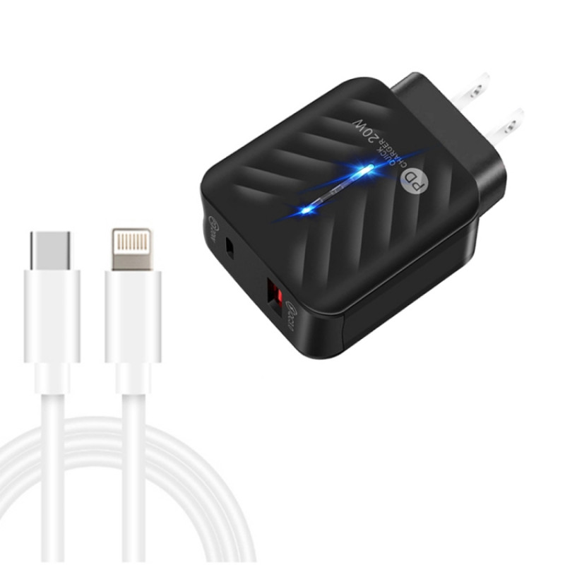 PD03 20W PD3.0 + QC3.0 USB Charger with Type-C to 8 Pin Data Cable, US Plug(Black) PD03 20W PD3.0 + QC3.0 USB Charger with Type-C to 8 Pin Data Cable, US Plug(Black)