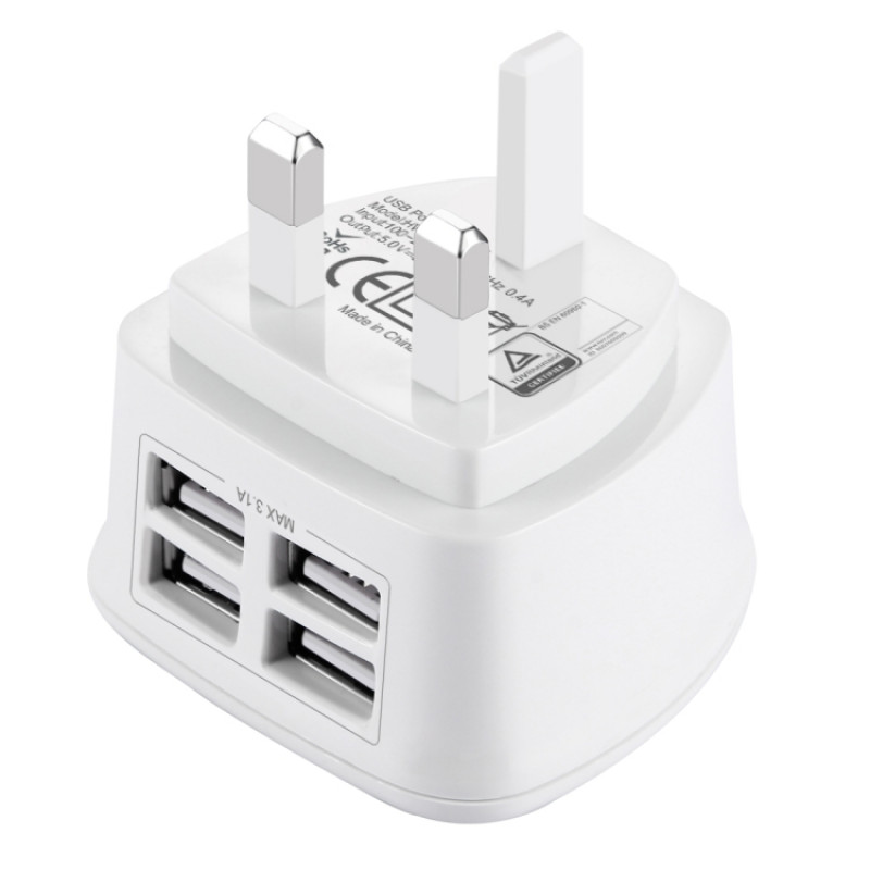[BS Certificate] HAWEEL UK Plug 4 USB Ports Max 3.1A Travel Charger, Private Mold with Patent, For iPhone, iPad, Galaxy, Huawei, Xiaomi, LG, HTC and other Smart Phones(White)