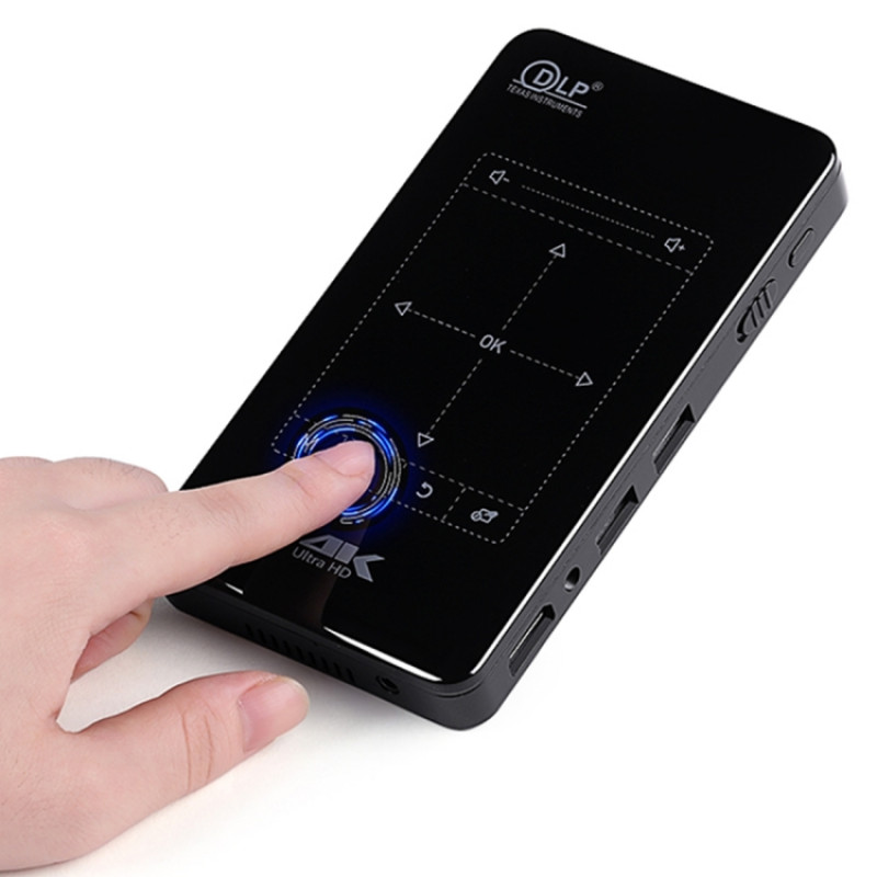 AUN D7 200 ANSI Lumens 854 x 480(WVGA) 4K Touch Panel Mini Projector, Android 6.0, Amlogic S905X, Quad Core ARM Cortex-A53 up to 1.5GHz, 2GB + 16GB, Support Bluetooth / Dual Band WiFi(Black)