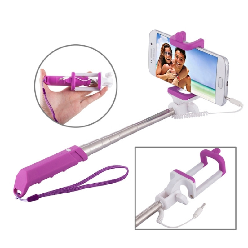 Portable Mini Wire Controlled Rainbow Selfie Stick Monopod Folding Extendable Pocket Handheld Holder for iOS & Android Phone, Folded Length: 15.5cm, Max Extension Length: 61.0cm(Purple)