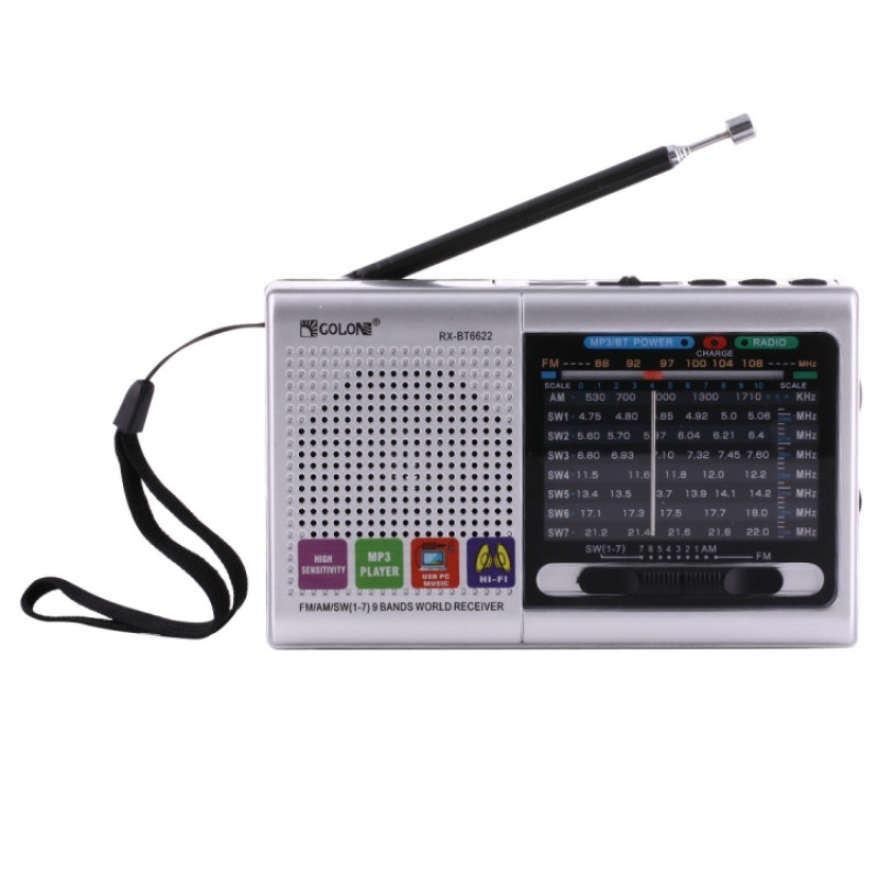 COLON RX-BT6622 Portable FM AM SW (1-7) 9 Bands Channels Radio, Rechargeable Li-ion Battery, Support Micro TF Card / USB / Bluetooth / MP3 Player